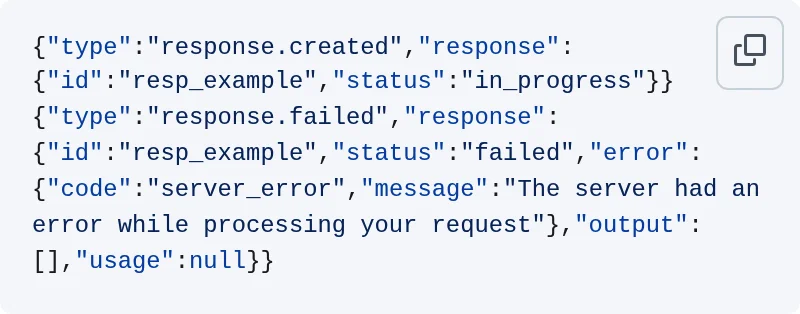 An excerpt of the SSE sample in LiteLLM issue 36768, showing response.created followed by response.failed and an empty output.
