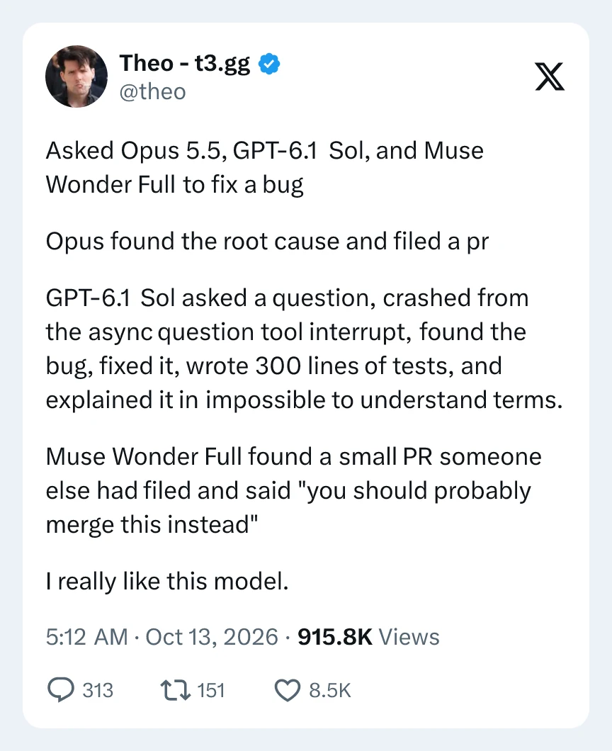 Theo’s X post comparing three models fixing one bug, including Muse finding an existing pull request.
