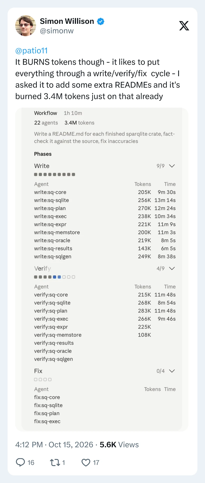 Simon Willison’s X post and Claude Code workflow panel showing 22 agents, 3.4 million tokens, Write 9/9 and Verify 4/9.